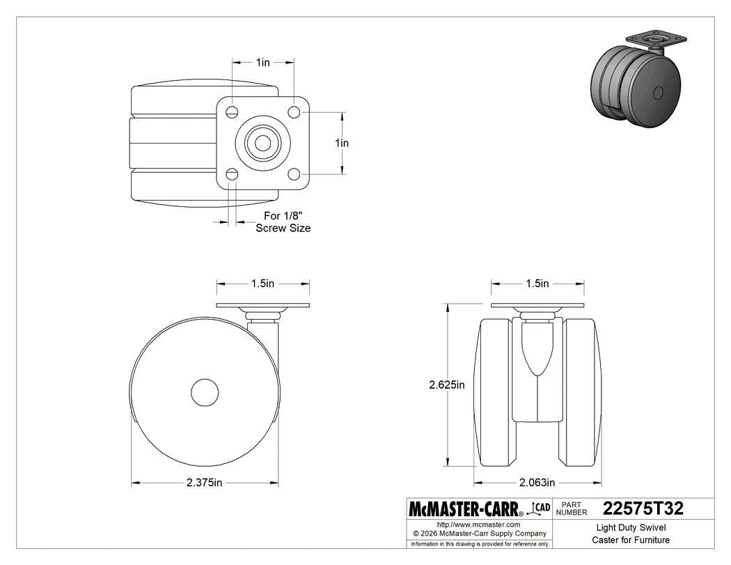 Technical Drawing of Light Duty Swivel Caster for Furniture, with 1-1/2" x 1-1/2" Plate and 2-3/8" Diameter Polyurethane Wheel.